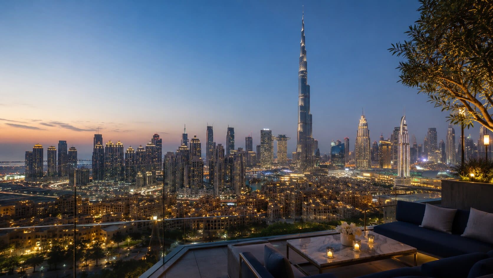 Downtown Dubai and Burj Khalifa at blue hour